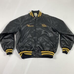 Vintage North Golden Raiders Coach Jacket Mens Black Satin Quilted Snap USA 90s